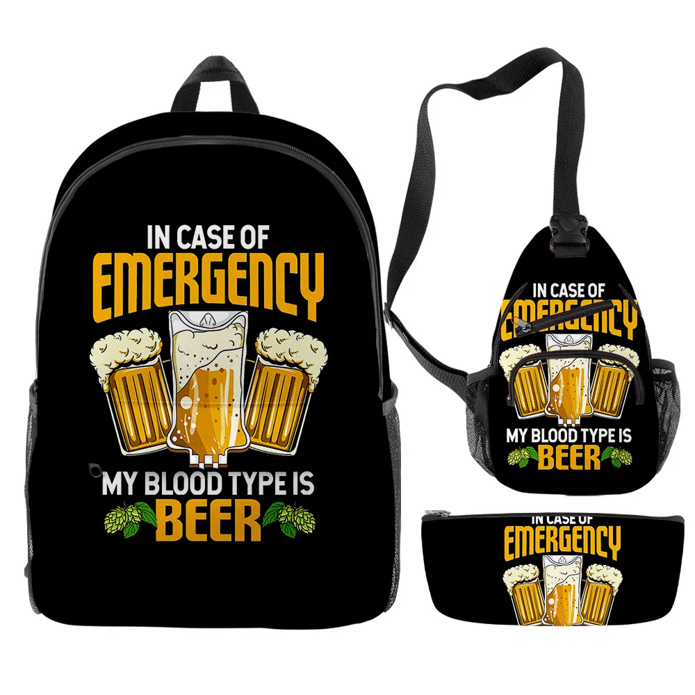 Classic Fashion Funny Funny Beer 3D Print 3pcs/Set pupil School Bags Trendy Travel Laptop Backpack Chest Bag Pencil Case