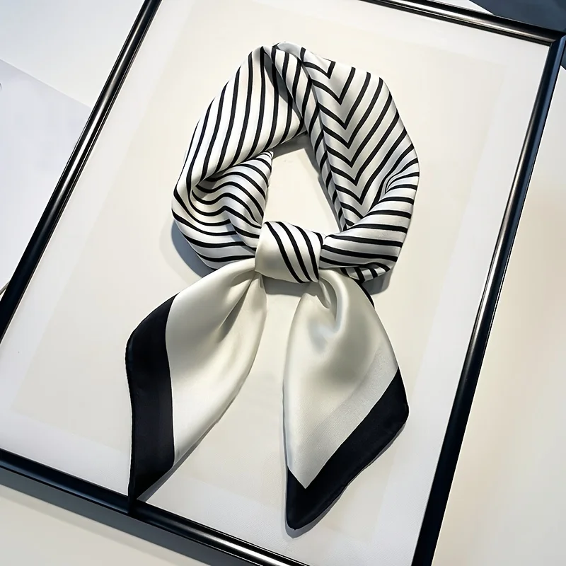 2024 New Fashion Square Imitation Silk Scarf Black And White Striped Head Wrap For Women Multifunction Silk Feeling Neckerchief