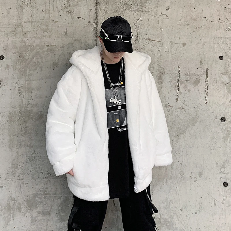 PFNW Menswear Hooded Thick Fur Coat Grey Loose Fit Zipper Cotton Jacket Autumn Winter Fashion New Overcoat Warm Outwear 12C1355