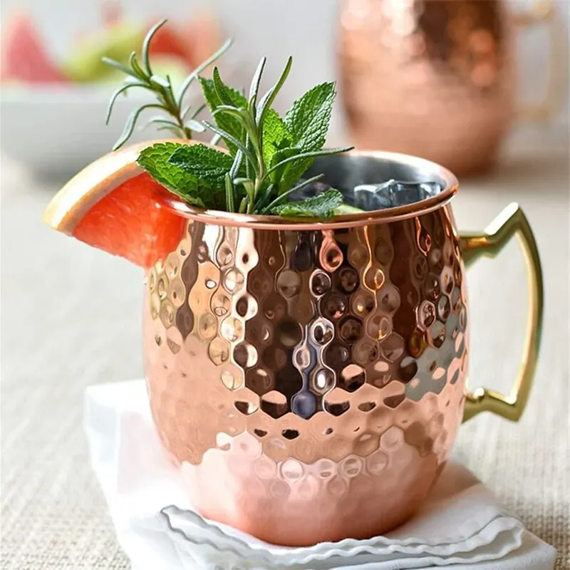 Creative Stainless Steel Hammered Point Cocktail Mug, Non-Slip with Gold Handle Drum Mug for Home and Bar Drinking Mule Mugs