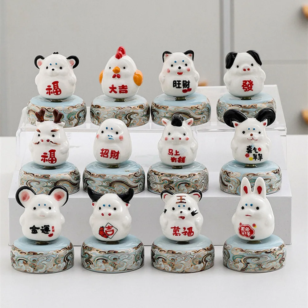 Kawaii 12 Zodiac Animals Ceramic Bobble Head Ornament, Traditional Cloud Pattern Base, Table Decoration & Housewarming Gift