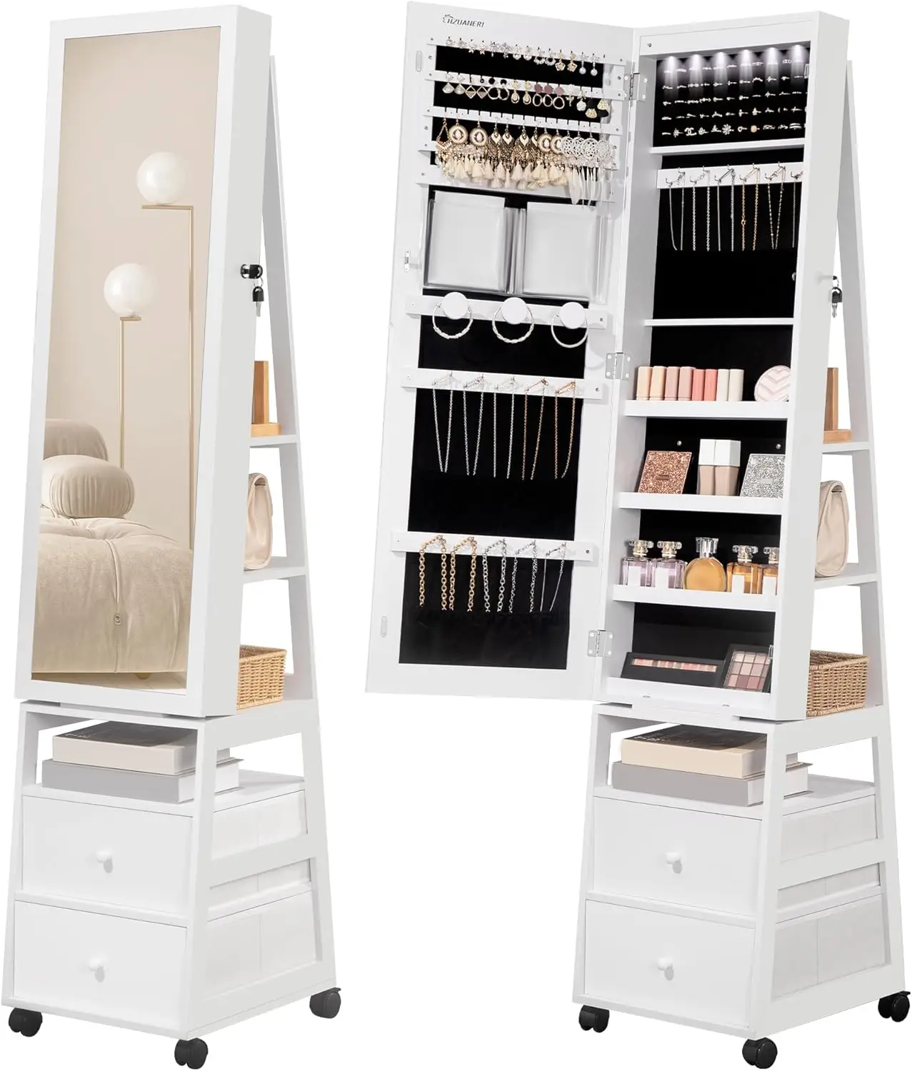 Lockable Standing Jewellery Mirror Cabinet with 2 Drawers, 360° Swivel Jewellery Cabinet with Lights on Four Wheels, Full Length