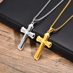 Mprainbow  Mens 3-Layers Cross Necklaces,Waterproof Stainless Steel Faith Pendant Collar with Box Chain Religious Prayer Jewelry