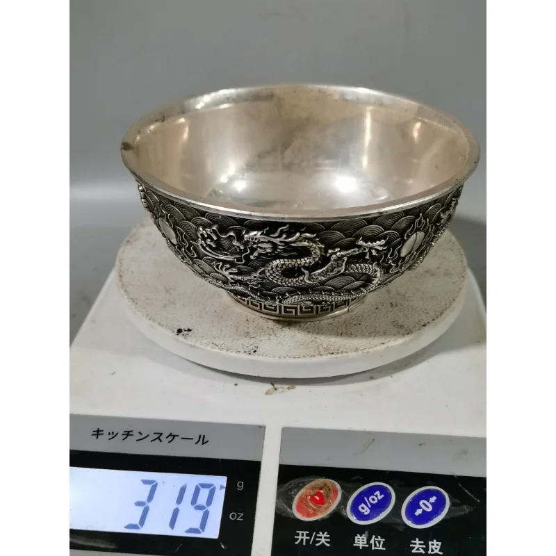 Miscellaneous Vintage Antique White Copper Silver Plated Double Dragon Playing with Pearl Copper Bowl Rice Bowl Home Collection