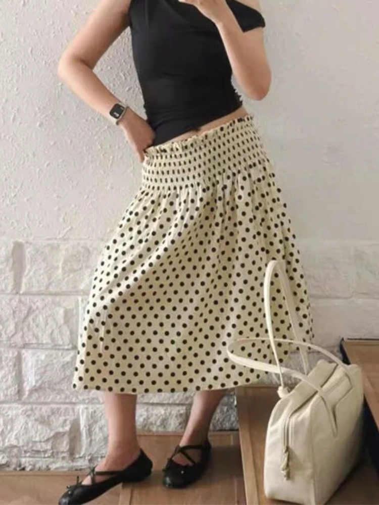 Francês doce novo design polka dot saias femininas retro solto em linha reta emagrecimento saia de comprimento médio feminino muito plissado saia linha a