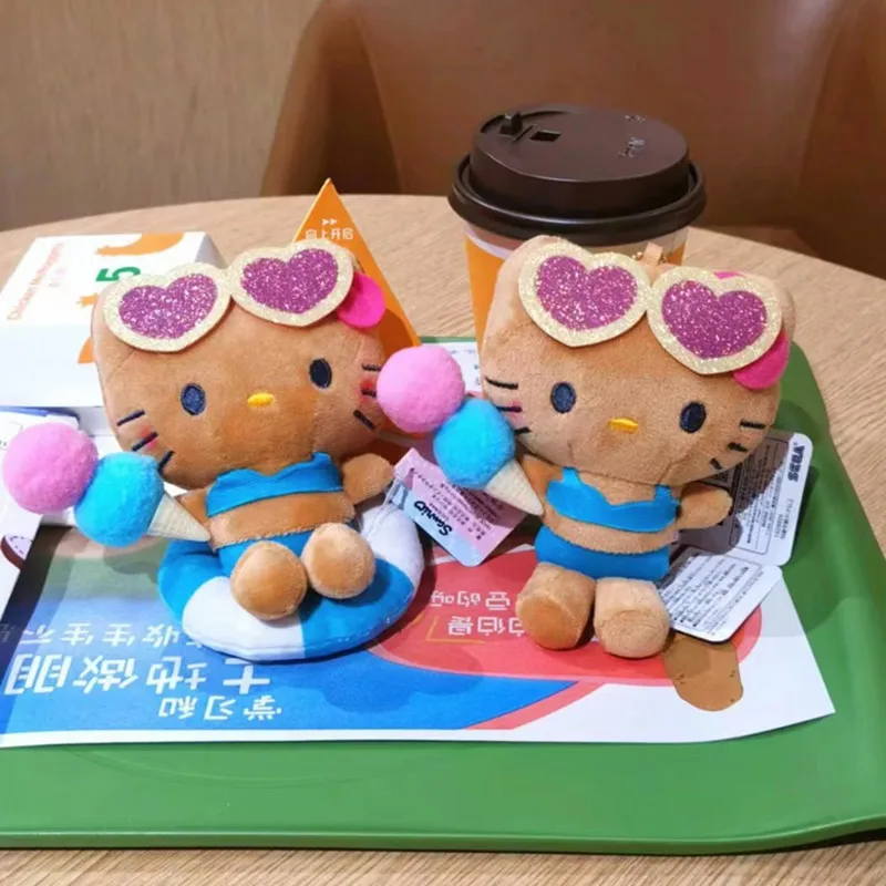 

10 см Sanrio, черная кожа, гавайское Hello Kitty с надувным кольцом, плюшевая кукла, милая мягкая игрушка, сумка, рюкзак, очаровательный детский подарок для девочек