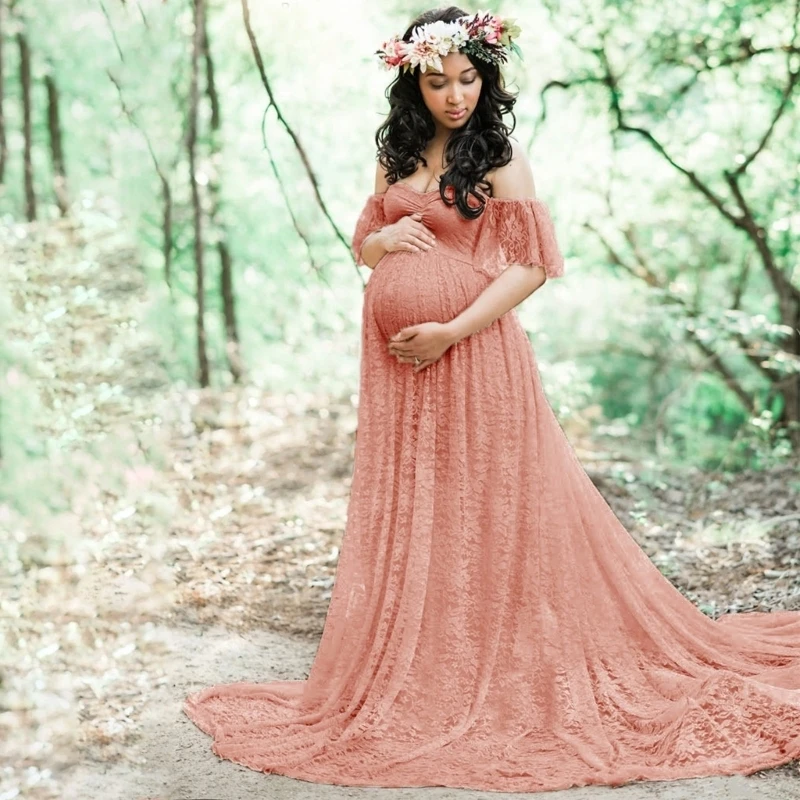 Women's Lace Maternity Trailing Short Sleeved Long Dress Stylish Color Photography Flying Sleeve Gown Props 425F