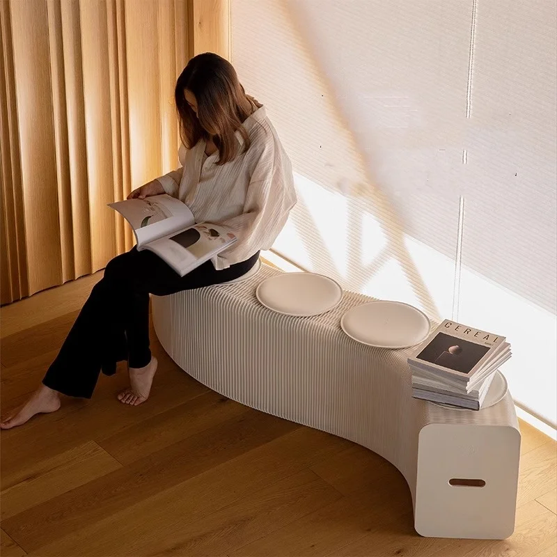 Folding kraft paper stool with 6 leather pads, long seat stool suitable for courtyard and home decoration, paper furniture