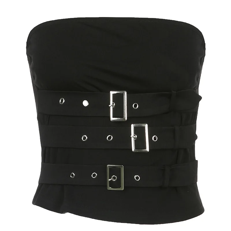 

Punk dark style sexy one shoulder spicy girl top with multiple straps, metal adjustable buckle, slim fit strapless vest