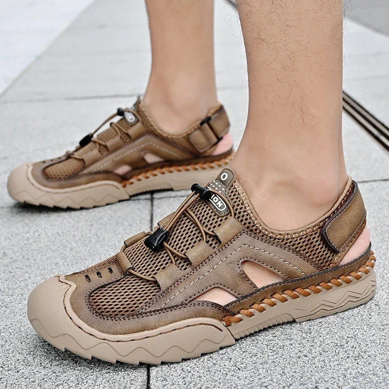Summer Handmade Cowhide Leather Men Sandals Hiking Breathable Outdoor Casual Lightweight Beach Sandals Fashion Large Size 38-46