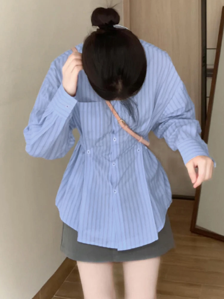 ブルーストライプロングスベウエストシェイプ女性用irt春秋新作初秋高級感ウエストカットトップ