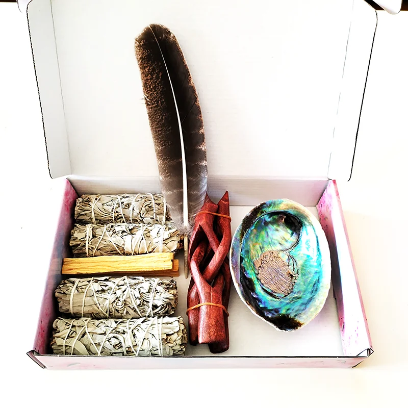 

Home Cleansing & Smudging Kit with White Sage, Palo Santo, Abalone & Stand, Smudge Feather Protection Meditation Positive Energy