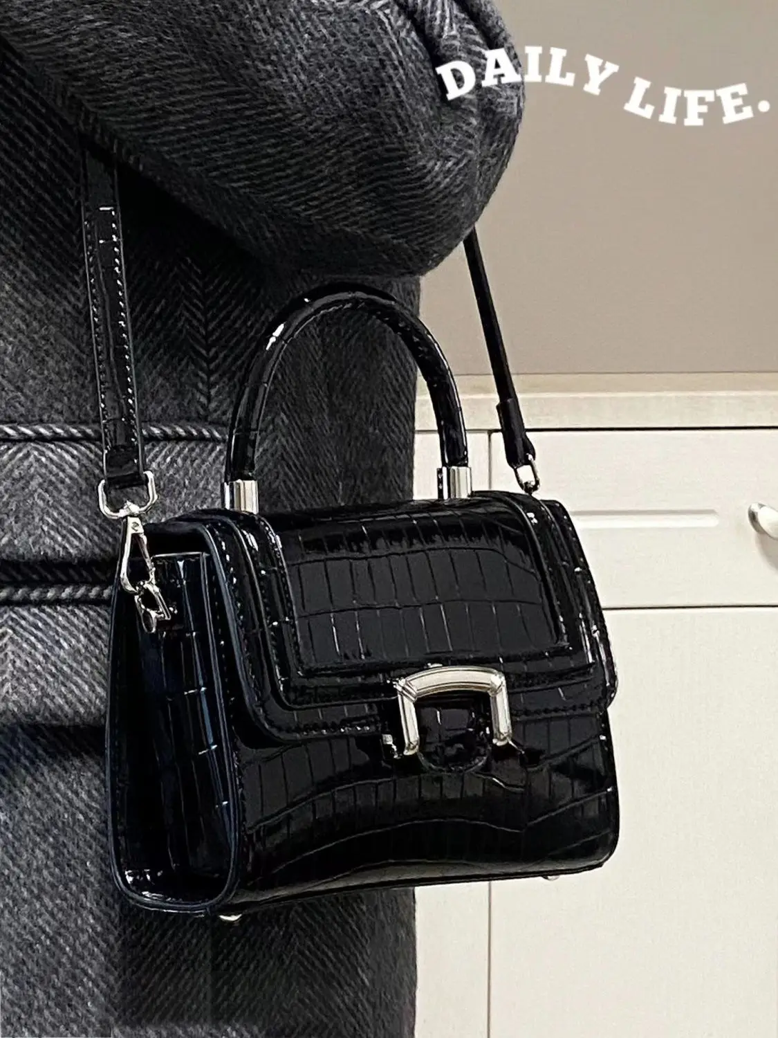 

JIAERDI Retro Black Messenger Bag Women High Street Crocodile Handle Chic Leather Y2k Bag Female Vintage Square Crossbody Bags