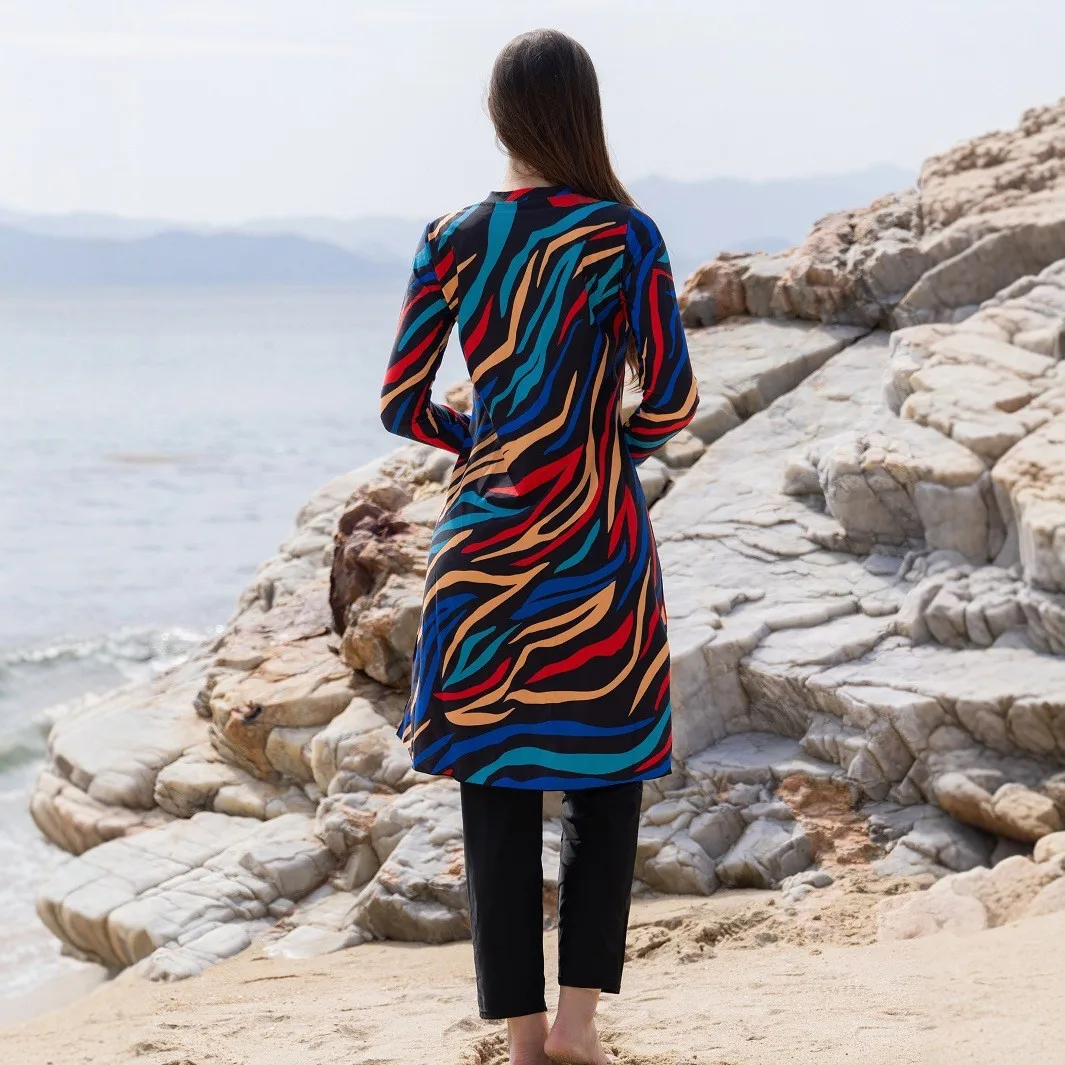 Long Sleeve Swimsuit High Neck Front Zipper Swimwear A Line Abstract Print Maxi Length Multicolor Black Base Modest Bathing Suit view 4