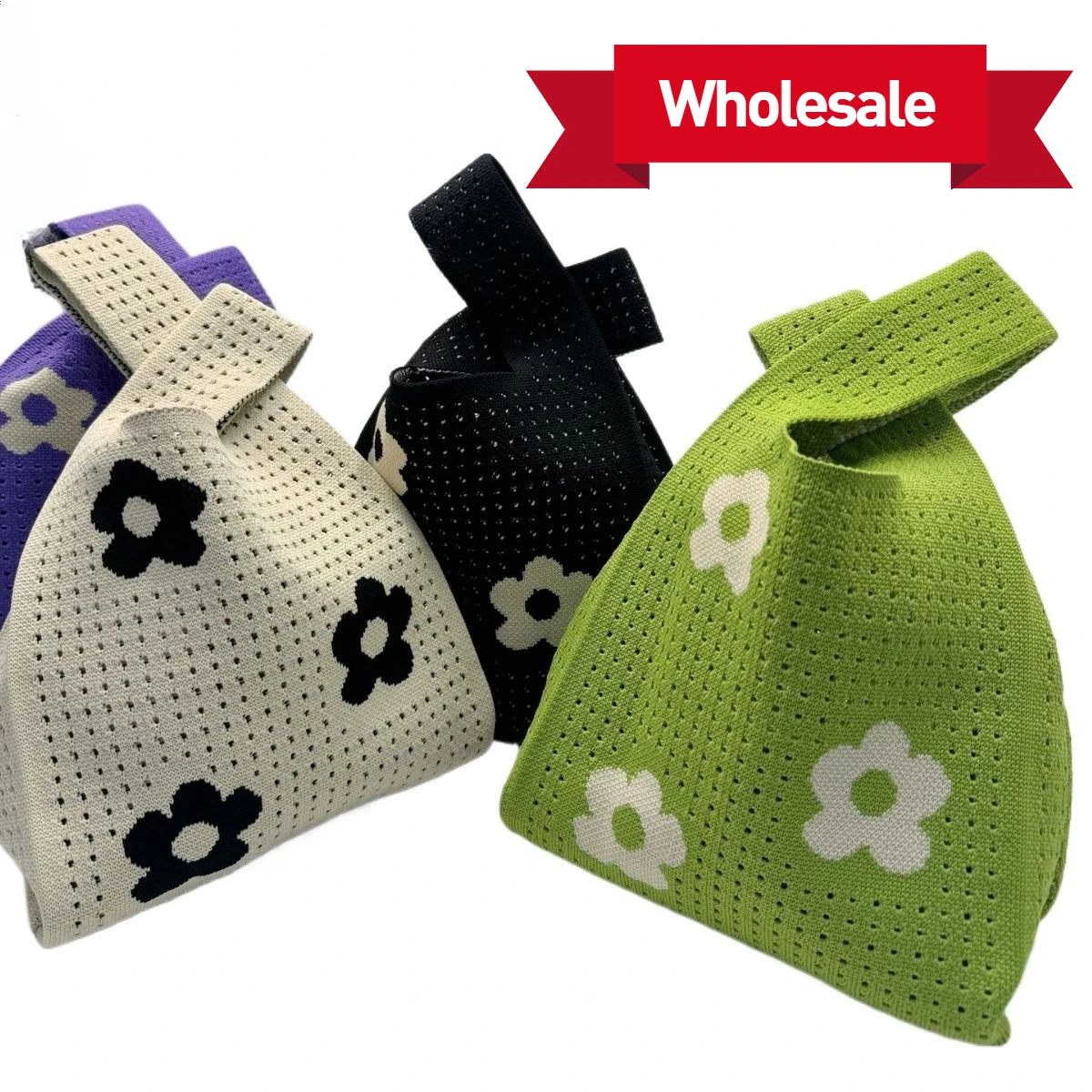 

Tote Bag Handmade Knit Handbag Women Mini Knot Wrist Bag Casual Color Wide Stripe Plaid Student Reusable Shopping Bags Hollow