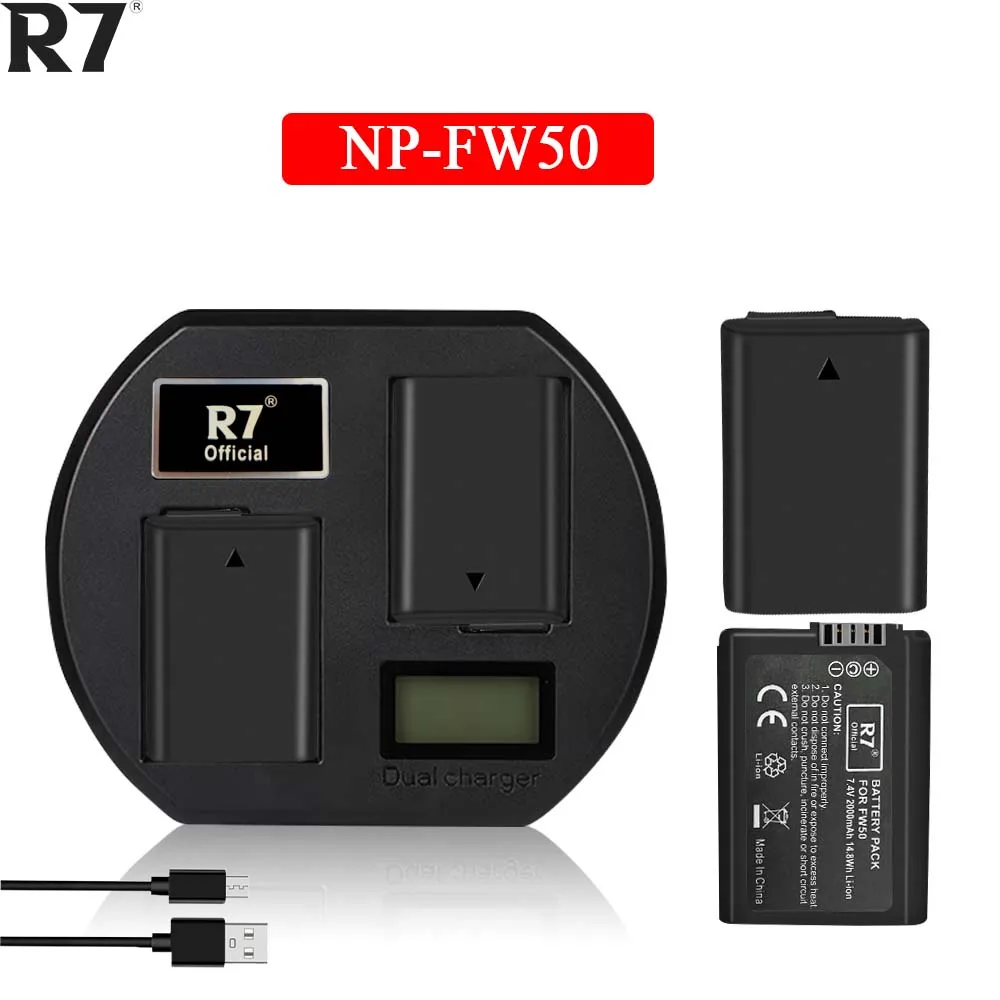 

R7 brand 2000mAh NP-FW50 NP FW50 Battery+LCD USB Dual Charger for Sony A6000 A6400 A6300 A6500 A7 A7II A7RII A7SII A7S A7S2 A7R