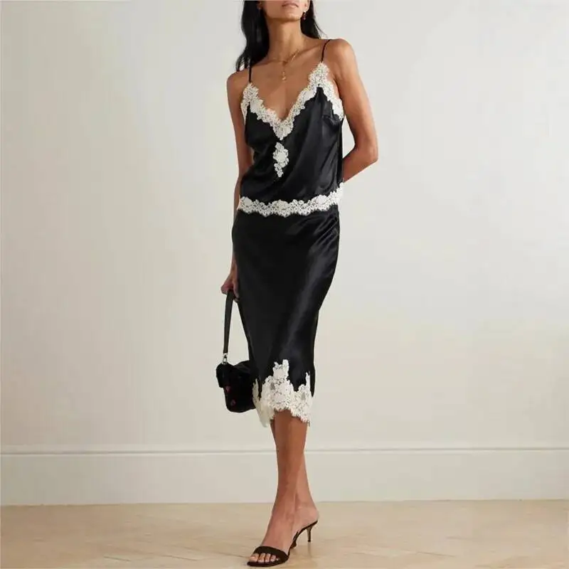

Elegant Lace Spliced Contrast Color Long Skirts Sets Women Halter Sleeveless Backless Tops Straight Skirt 2026 Autumn Lady Suits