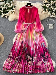 Autumn Winter Long Sleeve Floral Maxi Dress Women Pearls Necklace Belt Pleated Midi Print Vestidos Longo