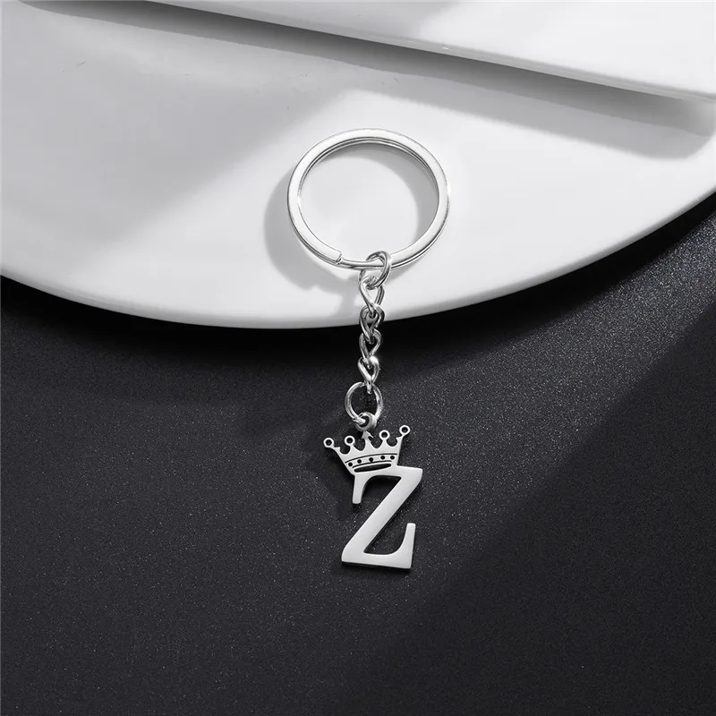 Fashion Crown A-Z Letters Pendant Keychains for Lovers Silver Color 26 Alphabet Keyring Women Car Key Ring Unique Name Jewelry