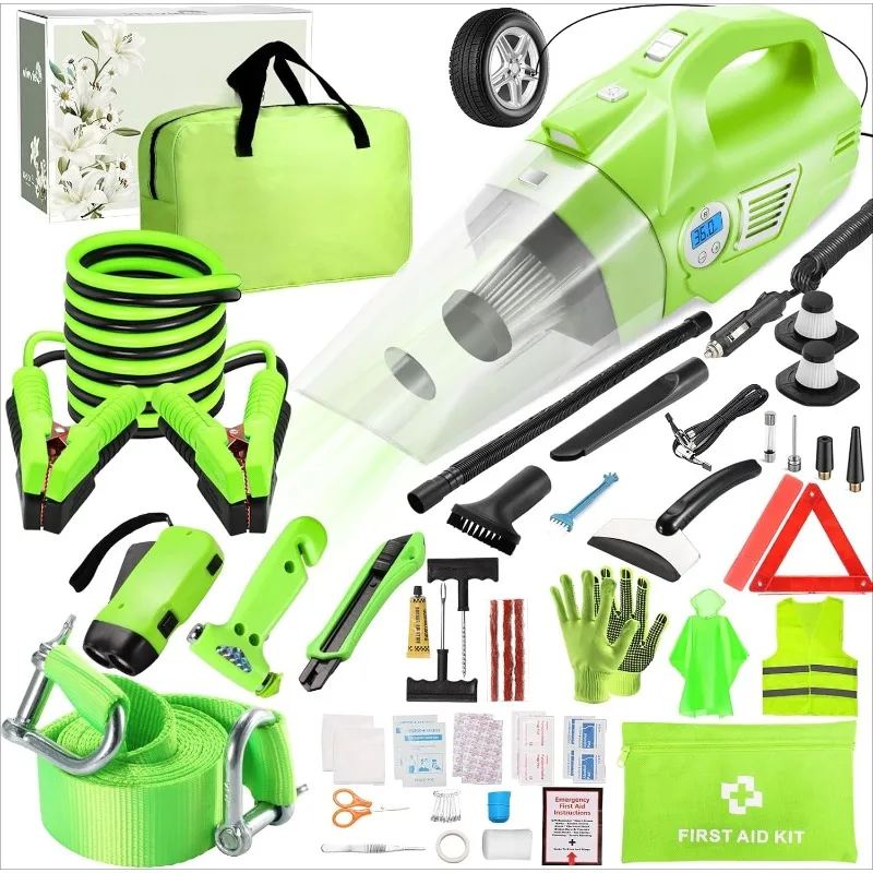 

Roadside Emergency Car Kit for Vehicles, Car Safety Kit with 4 in 1 Inflatable Car Vacuum Cleaner, Jumper Cables, Tow Straps, Fi