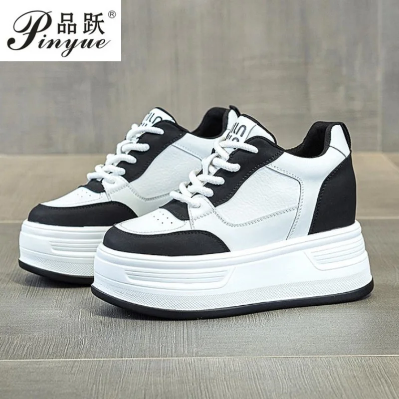 

10cm Genuine Leather Women Vulcanize Chunky Sneakers Women Summer Hidden High Heels Platform Wedge Summer shoes 34-39