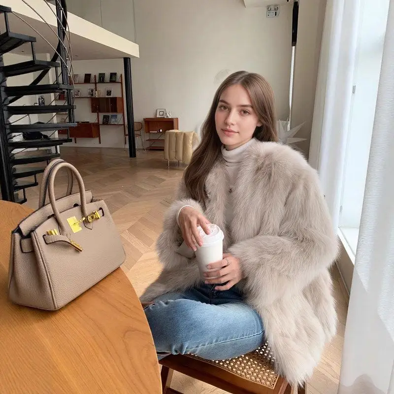 Jaet de pele transfronteiriça feminino ort v-ne inverno outerwear tecido de poliéster briti sle solto ajuste thiened longo sve