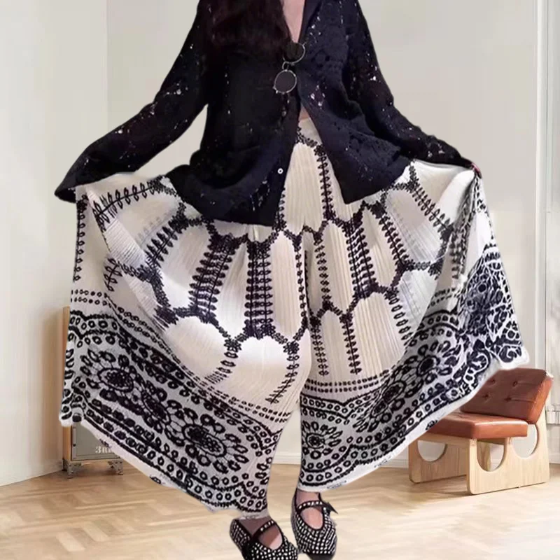 

Miyake Pleated Wide-legged Pants Women 2025 Summer Print New Loose Hundred Models Printed High-waisted Drape Casual Trousers