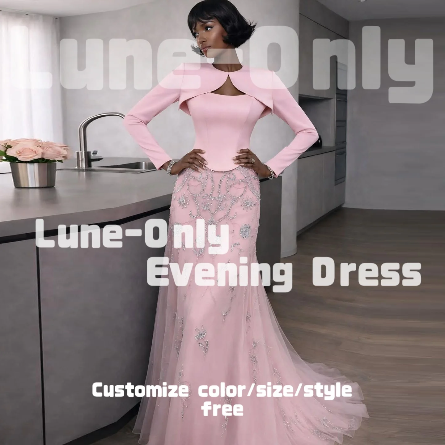

Customized Pink Luxury Evening Dresses Beaded Sequined Tulle Floor-Length Elegant Party Gown Long Sleeves Prom Formal Dress