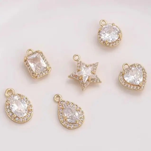 14K Gold Micro Inlaid Zircon Pendant Geometric Rectangular Heart-Shaped Pentagonal Star Water Droplet DIY Jewelry Charms