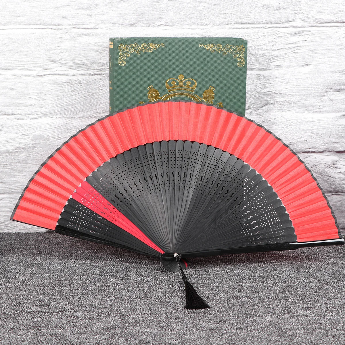 

Antiquities Dance Folding Fan with S Shape Hollow Red Cover Style for Home Decoration Photo Props Gift Family