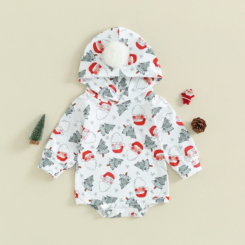 

BeQeuewll Baby Christmas Romper For Fall Long Sleeve Hooded Santa Tree Print Fall Bodysuit Clothes for Girls Boys