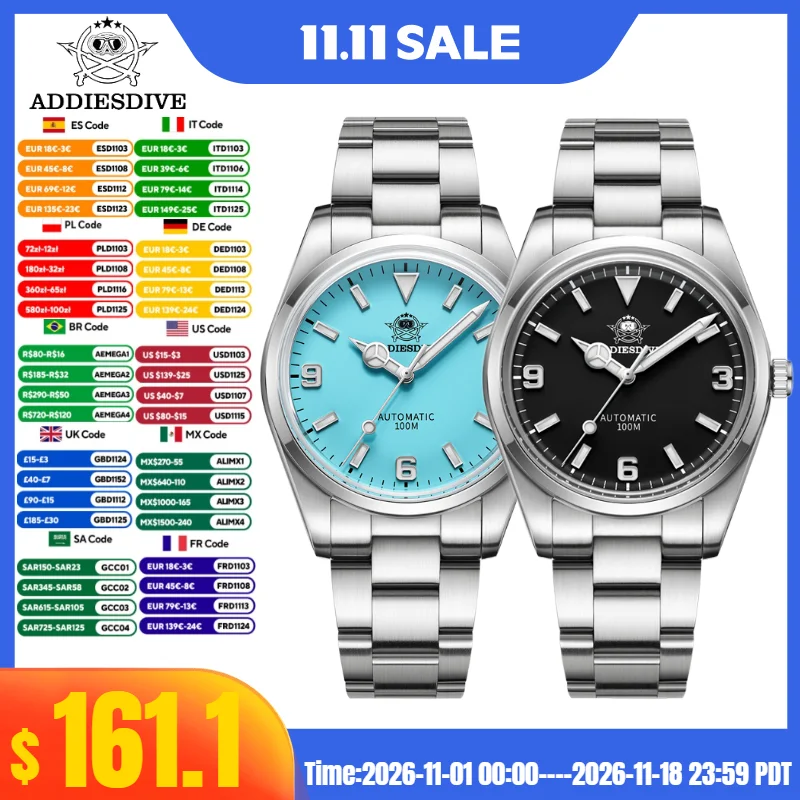 ADDIESDIVE 38mm Men's Waterproof Watch Explorer Homage 10Bar BGW9 Luminous Vintage NH35A Automatic Mechanical Watch Reloj Hombre