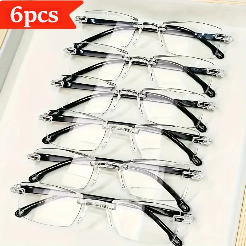 6 Stück Herren Eckige Lesebrille Anti-Blaulicht Lesebrille Modische Randlose Fassung Weitsichtigkeit Brille Lesebrille