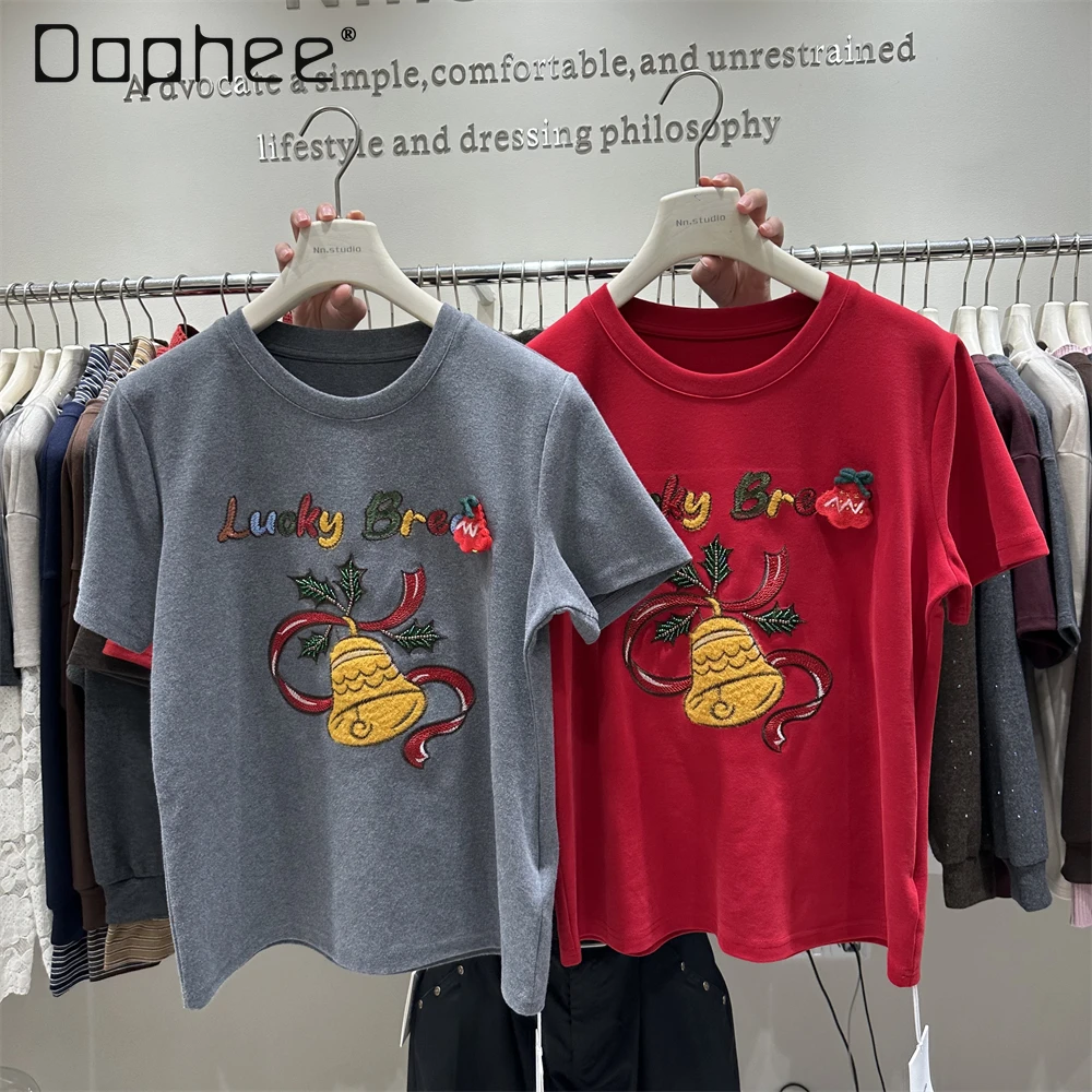 

European Style Short Sleeve T-Shirt for Women 2025 Autumn Winter New Christmas Bell Thickened Brushed Cotton Crew Neck Top