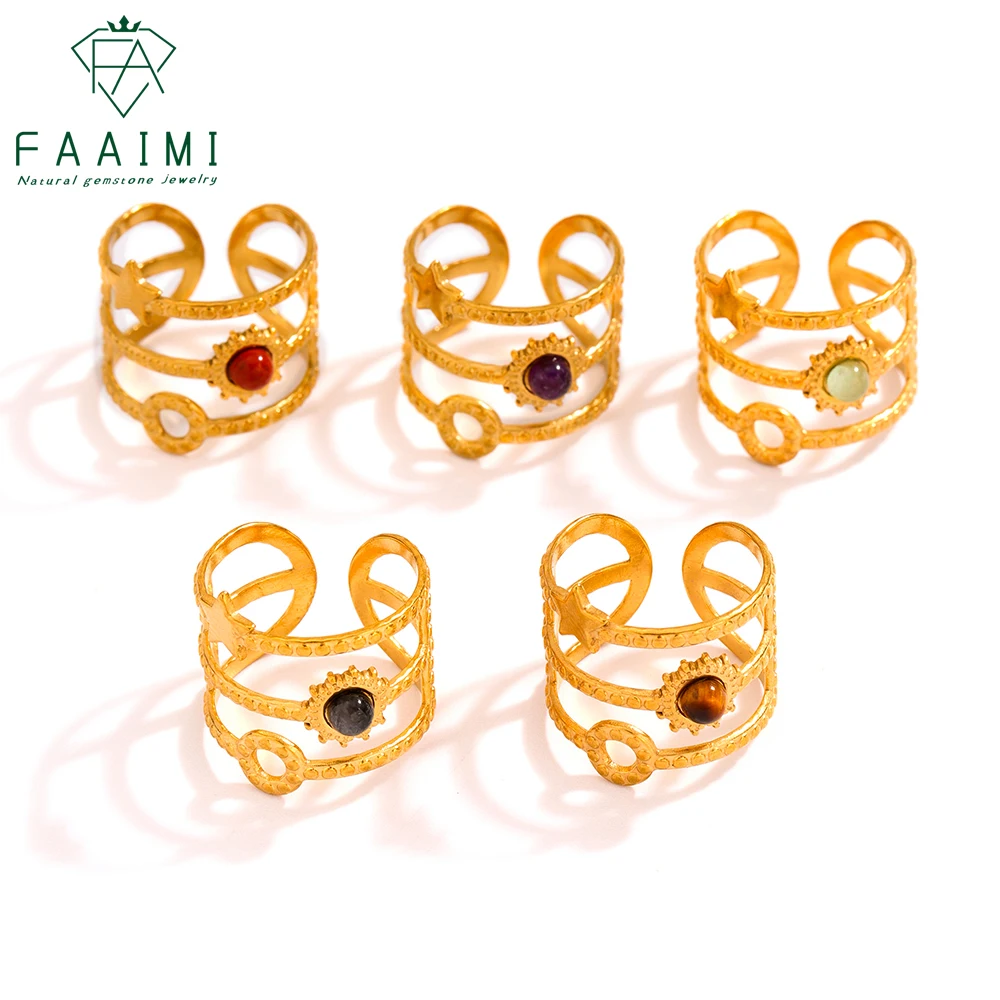 الحجر الطبيعي 18K الفولاذ المقاوم للصدأ الجمشت الحجر الأحمر الأخضر اليشم حجر عين النمر الأزرق الحجر الرملي الكريستال على شكل نجمة حلقة مفتوحة