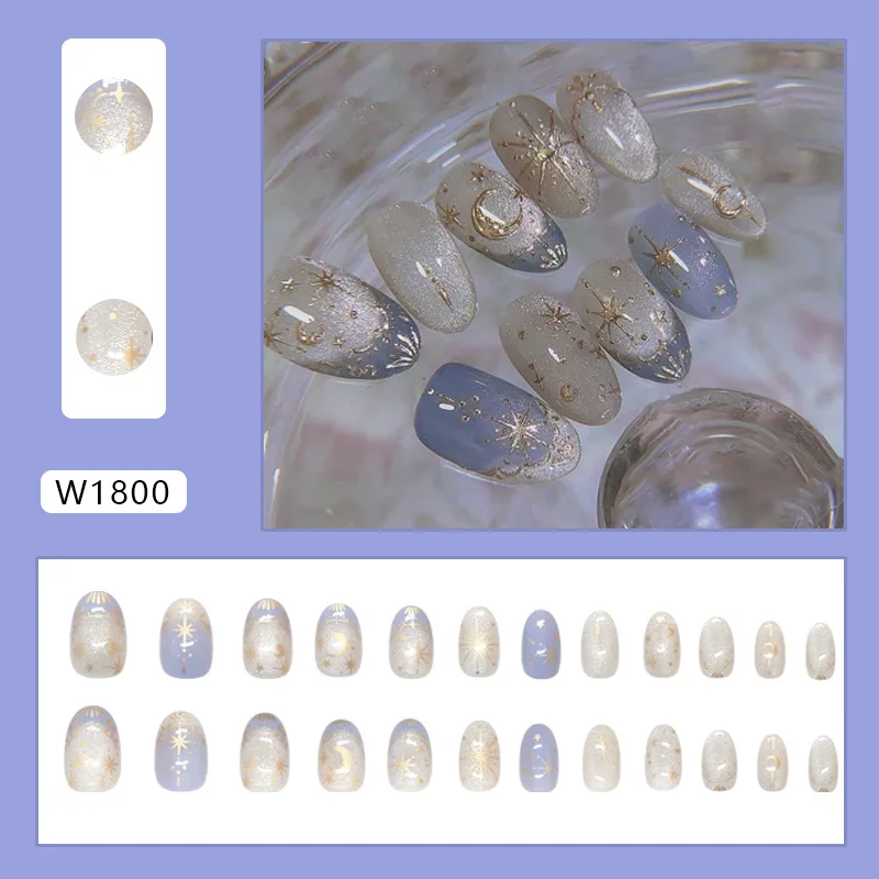 24pcs Shiny Star Moon False Nails Blue French Cat Eye Fake Nails Tips Wearable Sweet Korean Short Round Head Press on Nails