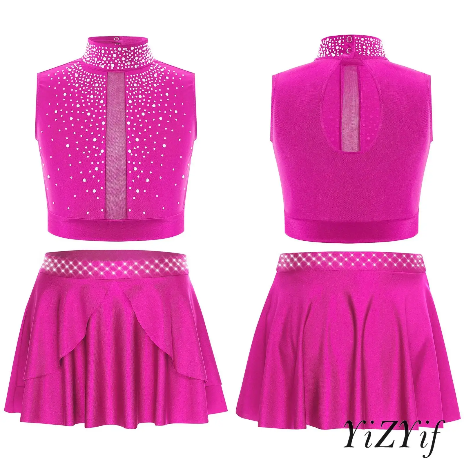 

Sparkly Rhinestones Kids Girls Dance Costume Set Mock Neck Top with Skirt Set for Lyrical Praise Contemporary Dance Competitions