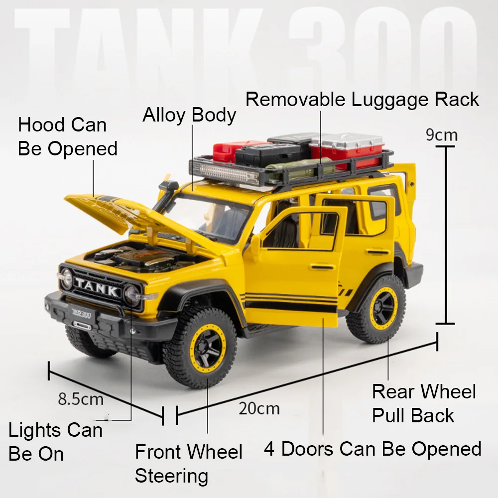 1:24 tanque 300 modelo de carro de polícia brinquedos em miniatura liga diecast som luz portas abertas puxar para trás absorção de choque para crianças presentes