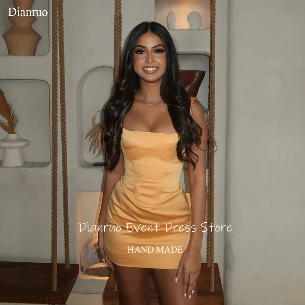 

Dianruo Golden Square Neckline Birthday Dress Bodycon Fit Mini Party Gowns Satin Sleeveless 15 Quinceanera Dresses Customized
