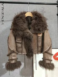 SHENGPALAE Spliced Faux Fur Coats For Women Full Sleeve Lapel Vintage Style New 2024 Short Style Female Fashion Clothing 5G117