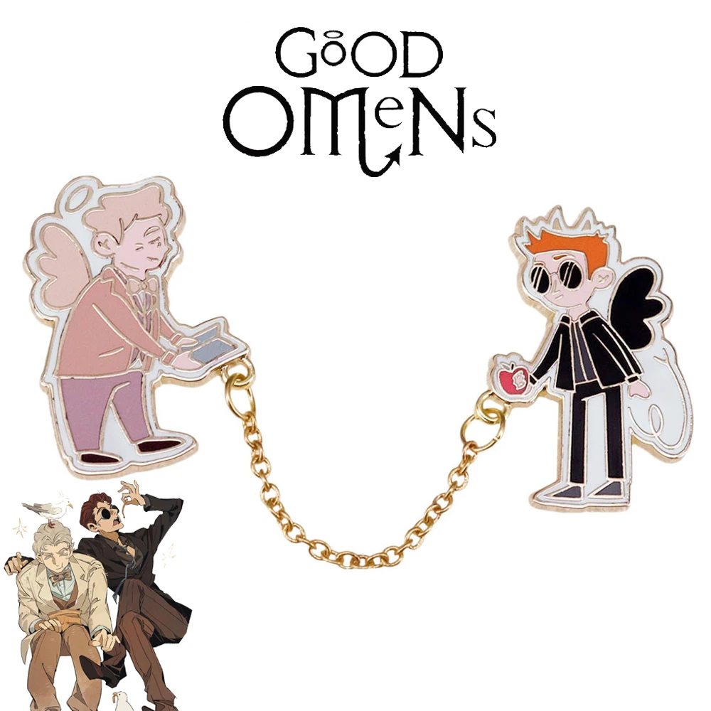 TV Series Good Omens Aziraphale Crowley Cospaly Badge Alloy Brooches Devil Angel Chain Enamel Pins Fashion Jewelry Accessory