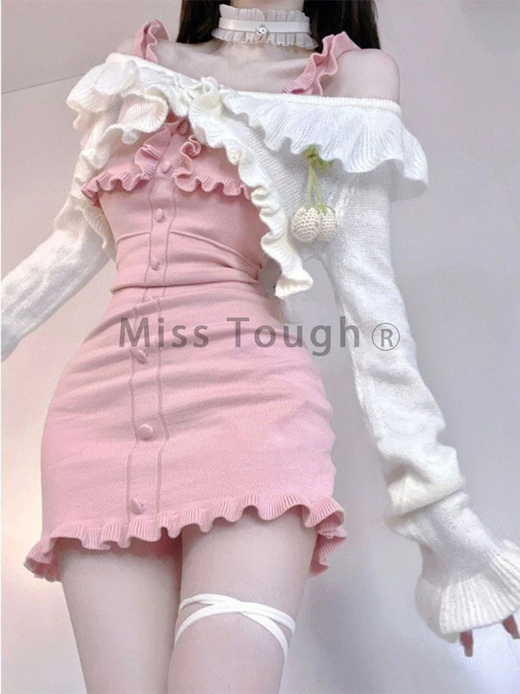 Korean Fashion Sweet Two Piece Set Women Ruched French Vintage Mini Dress Suit Female Long Sleeve Cardigan + Strap Dress 2023