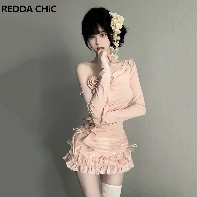 

ReddaChic Женская футболка с бантом Мини-юбка Розовый комплект с цветочным принтом и открытыми плечами Топ с длинными рукавами Многоуровневая юбка с рюшами Kawaii Rave Outfits
