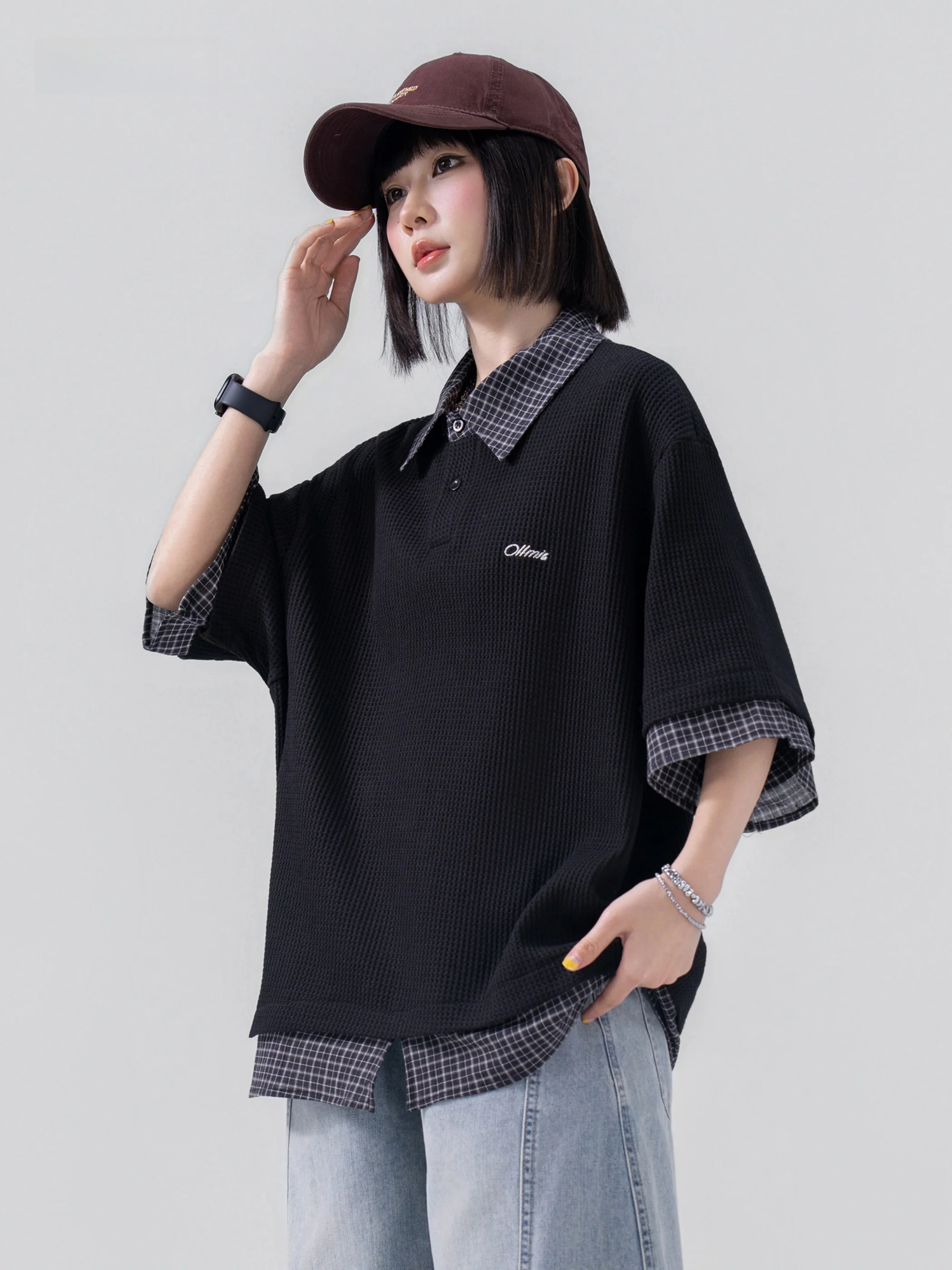 American Style Color Block Collar Short Sleeve T-Shirt Unisex Loose Breathable Summer Casual Waffle Pattern Top Shirt