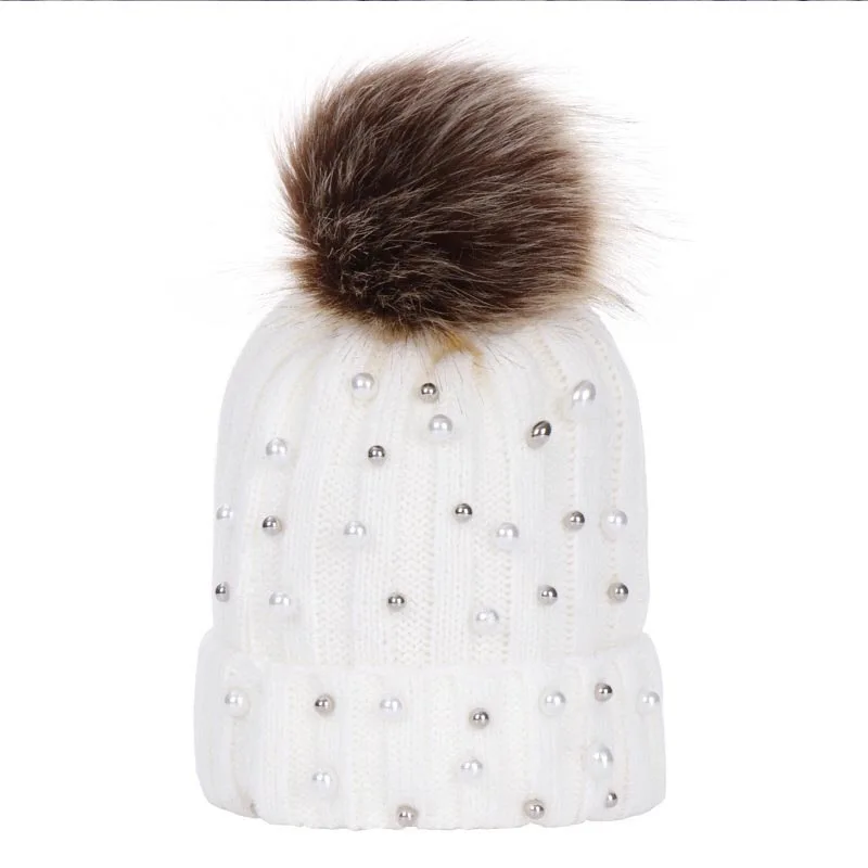 Autumn winter lovable baby warm knitted hat Fashion Pearl earmuffs Hat Girls Female Skullies Beanie Cap Pompom Hats