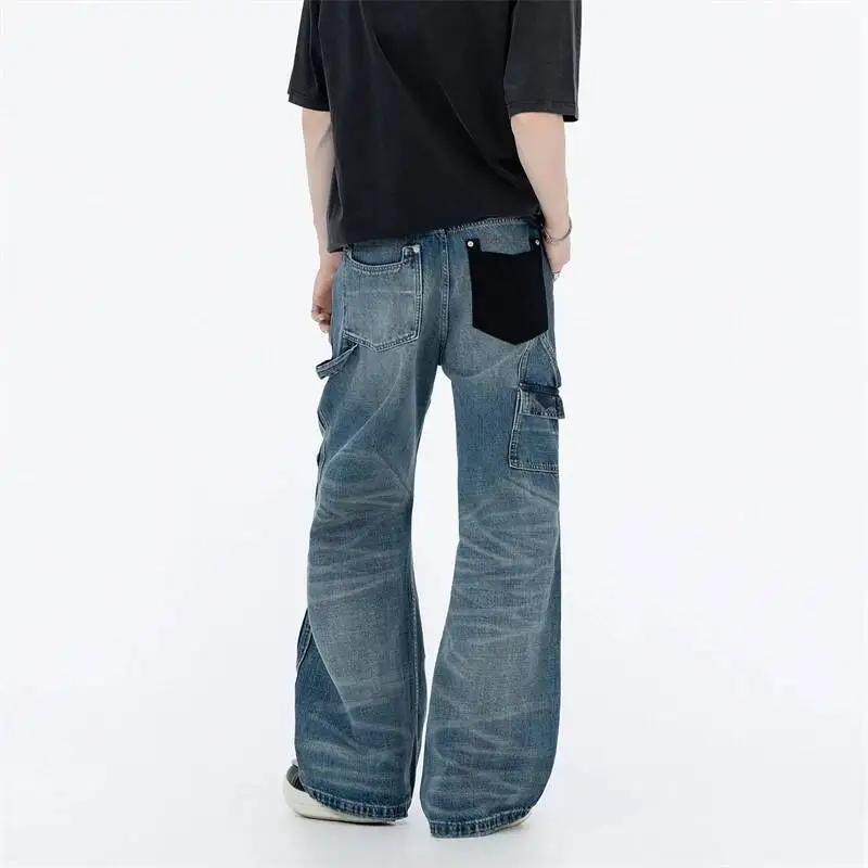 Carpenter Retro Men's Jeans Distressed Patch Light Wash Wide Leg Casual Streetwear Denim Long Pants NN0W