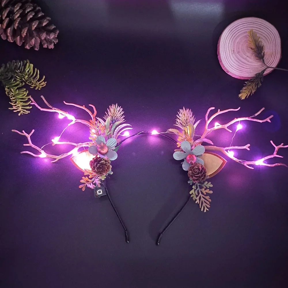 Girl Women  Elk Berry Antler Light Up Tree Branch Headdress Glow Party Ball Headband Headwear Christmas Halloween