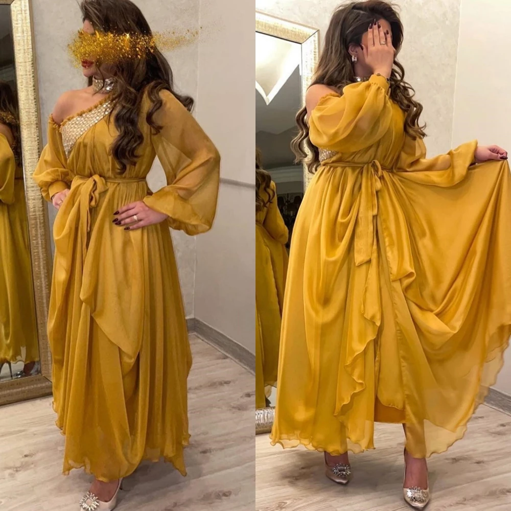 Personalizado gracioso organza a linha vestido de noite clássico mangas compridas vestidos de baile temperamento faixas vestidos de ocasião especial