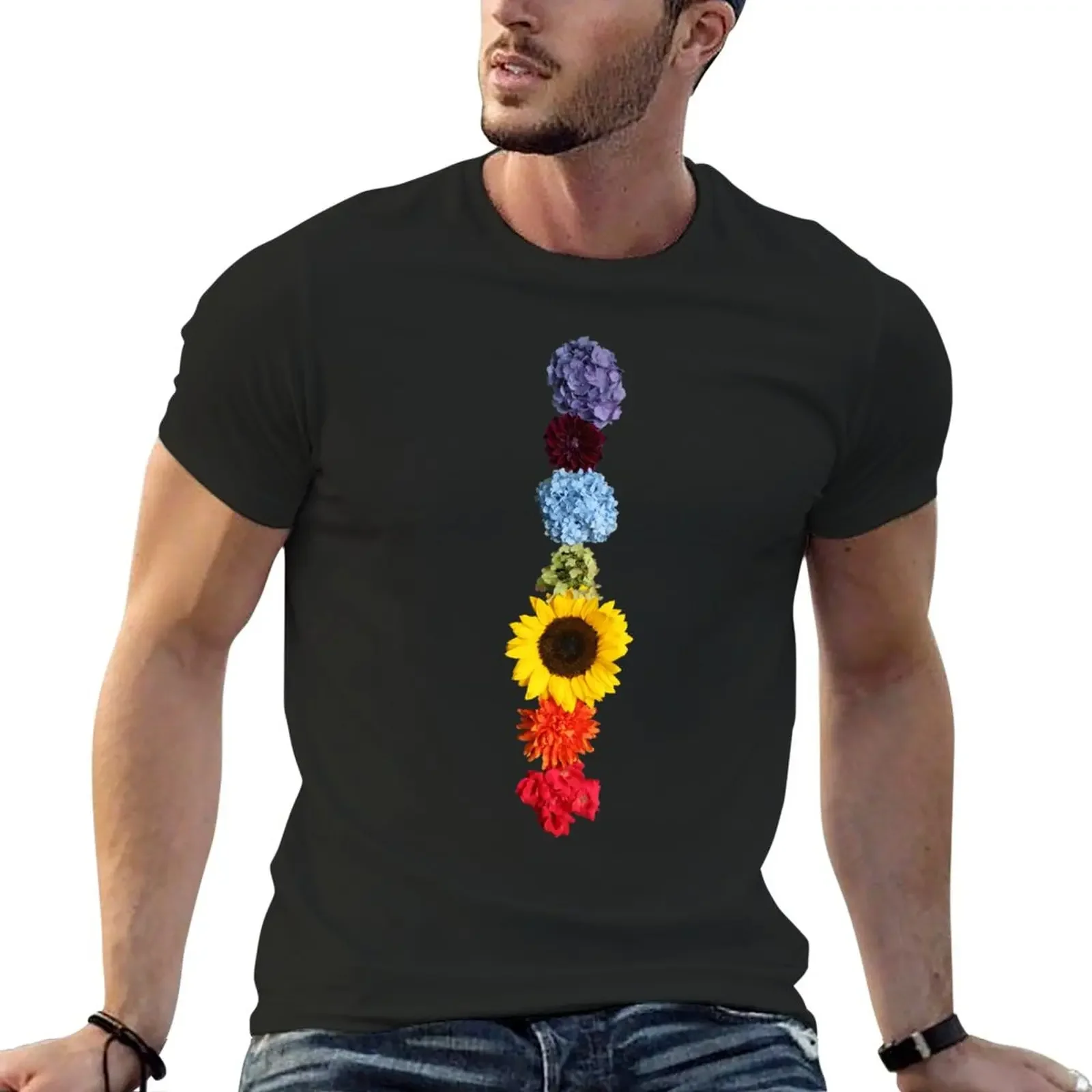 Rainbow Chakra Flowers on Black T-Shirt summer top Short sleeve tee men workout shirt