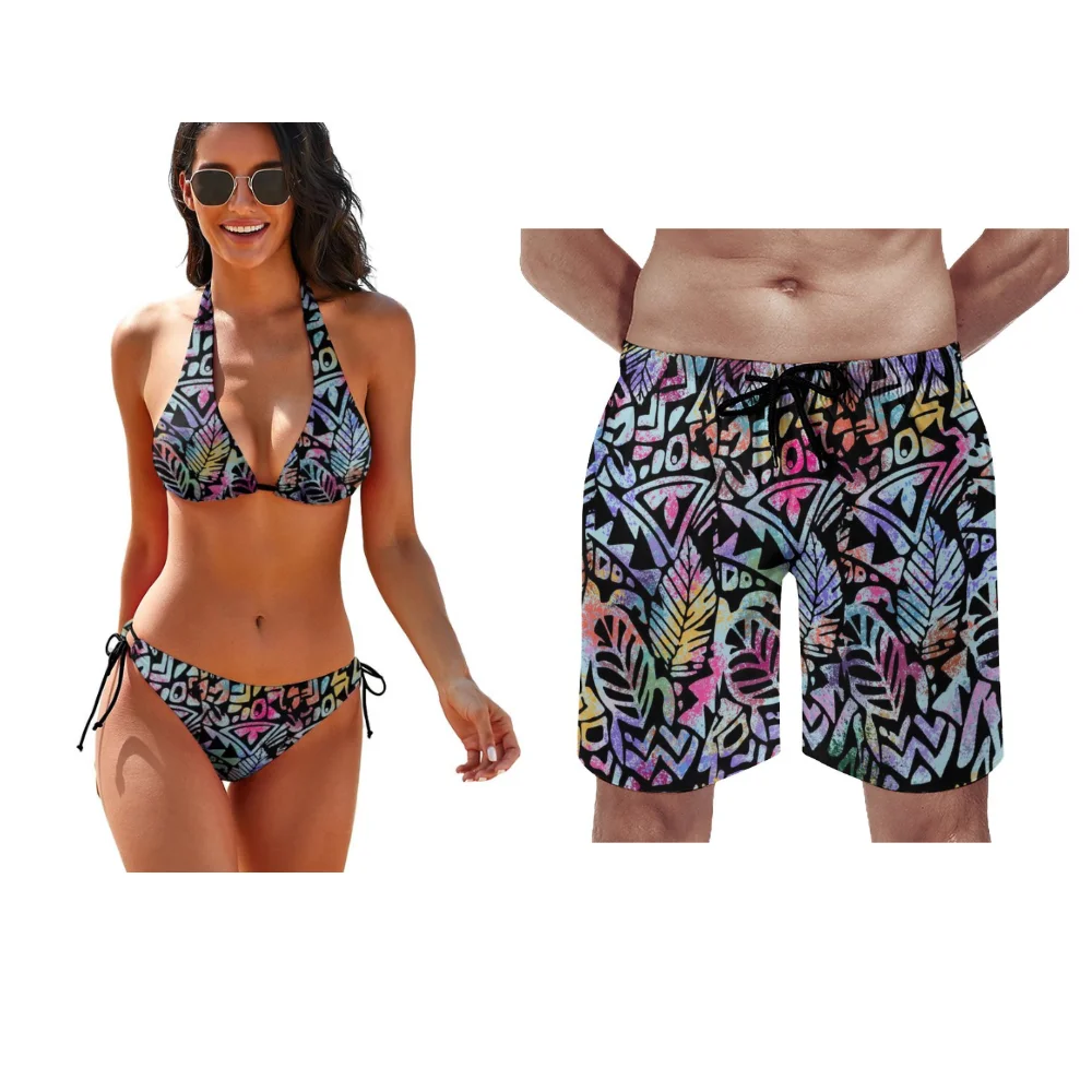 Couples Set Hawaii Vacation Beach Bikini For Women Men's Beach Pants Sport Shorts For Women Sexy Low-Rise Bikini Polynesia